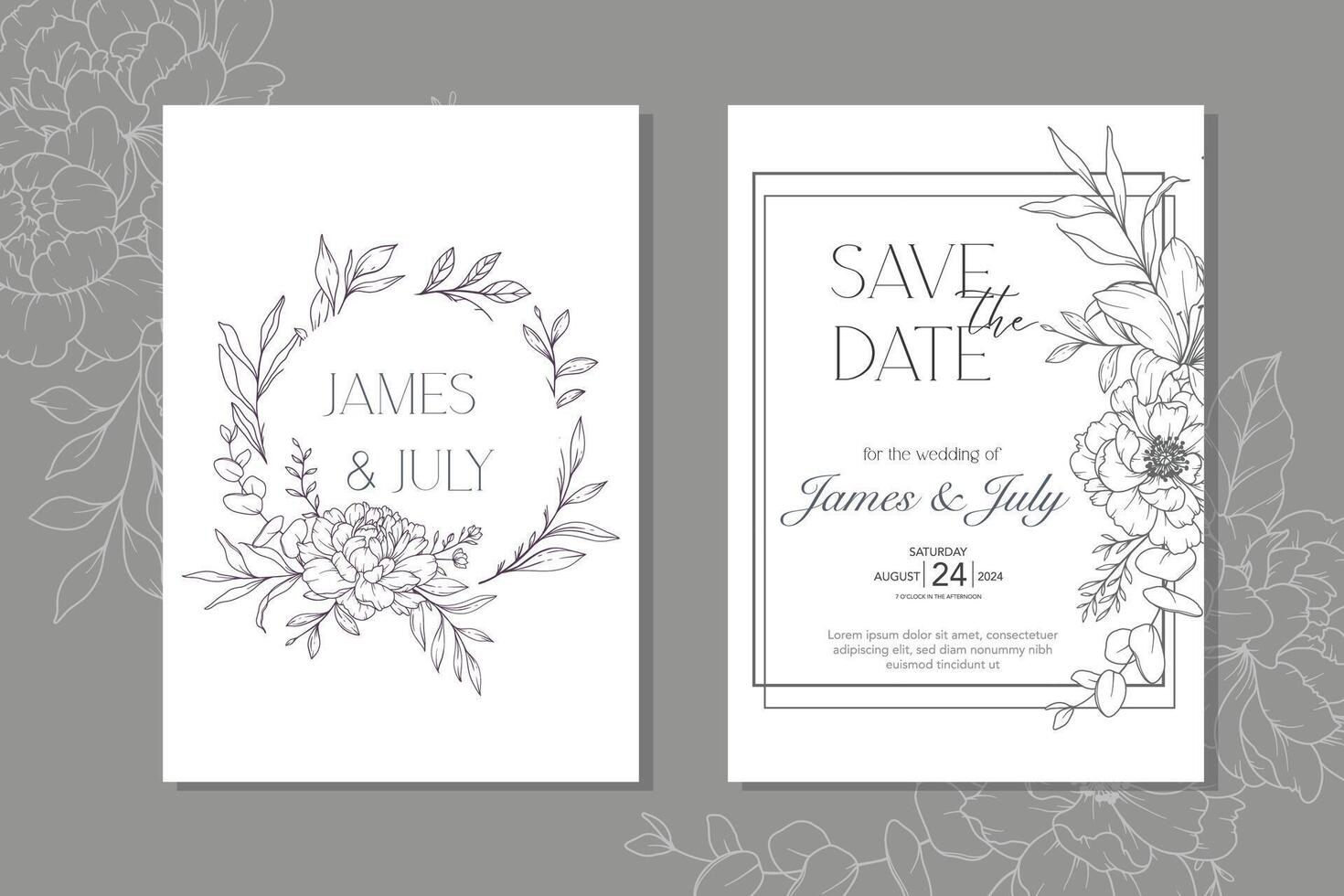ligne art pivoine fleur mariage invitation modèle, contour pivoine minimaliste mariage papeterie vecteur