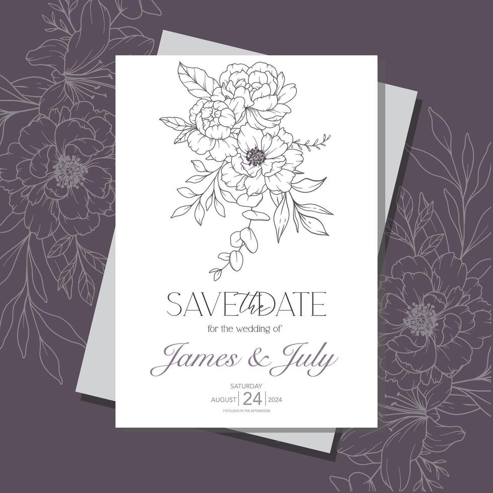 ligne art pivoine fleur mariage invitation modèle, contour pivoine minimaliste mariage papeterie vecteur