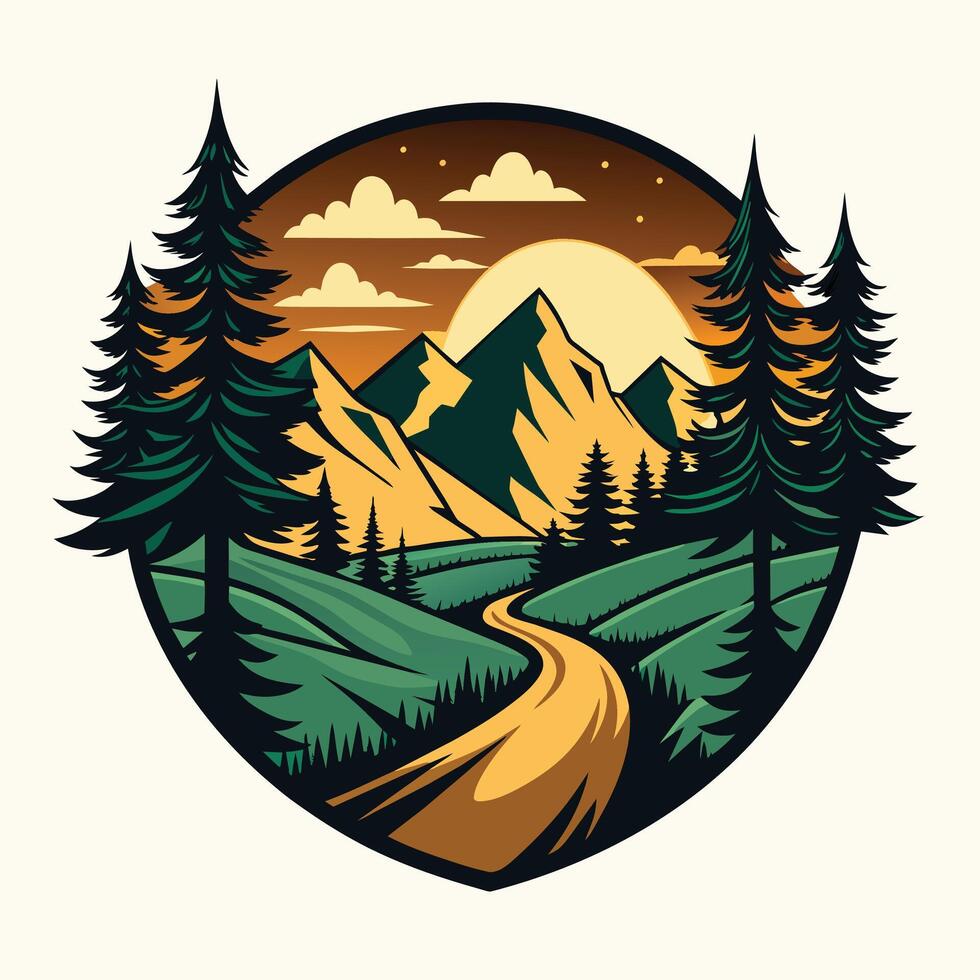 illustration de une Montagne route entouré par conifère forêt dans rétro style. vecteur