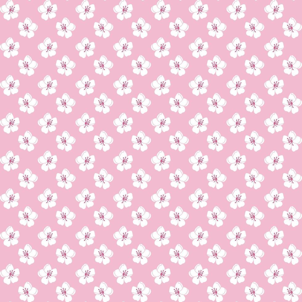 blanc Cerise fleur sans couture modèle sur rose Contexte. plat main tiré fleurs. unique impression conception pour textile, fond d'écran, intérieur, emballage vecteur