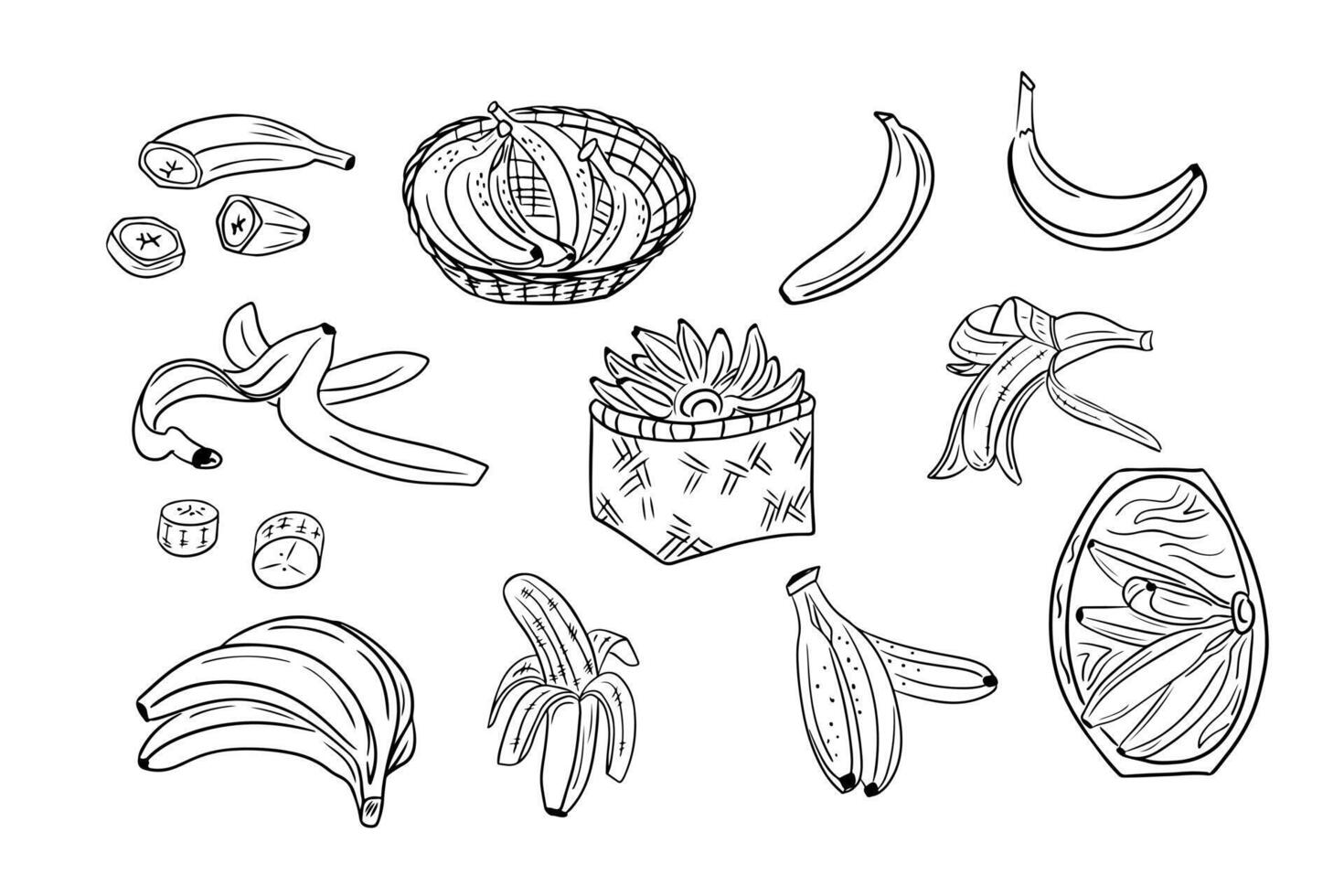 ensemble de banane des fruits vague contour dessins. vecteur noir contour griffonnages de pièces de des fruits et entier des fruits sur blanc Contexte. idéal pour coloration pages, tatouage, modèle