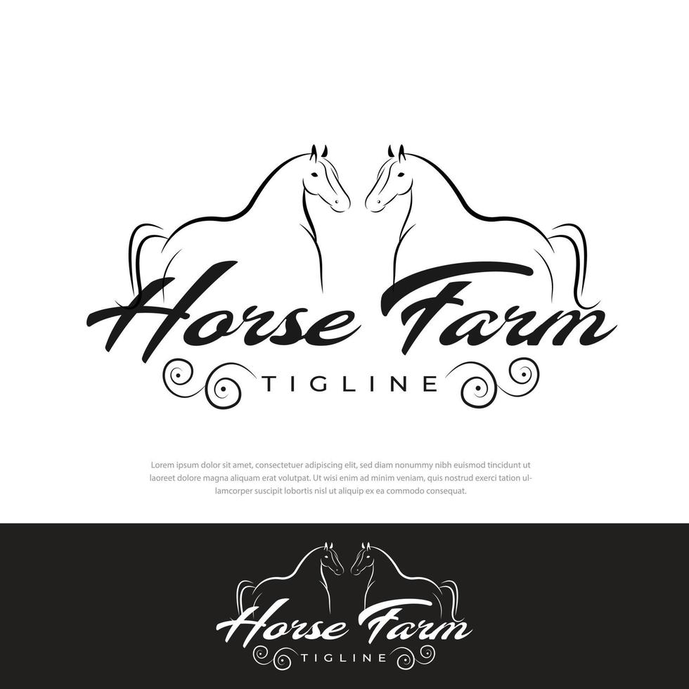 deux chevaux silhouette logo design ferme vintage dans la campagne occidentale vecteur