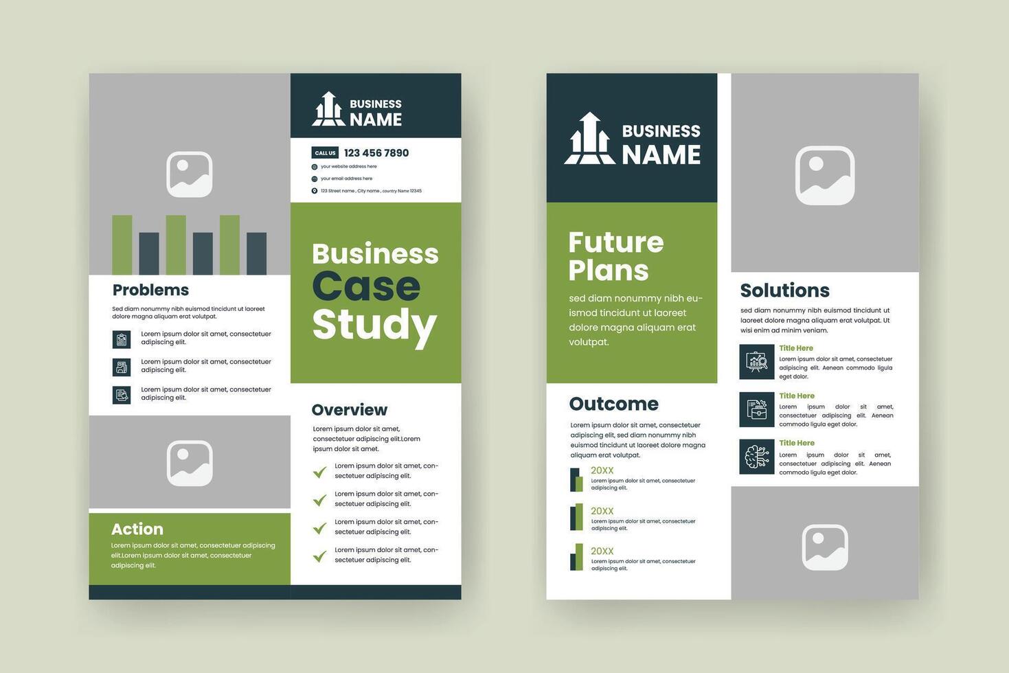 Cas étude disposition prospectus. minimaliste affaires rapport avec Facile conception. vert et beige Couleur accent. vecteur