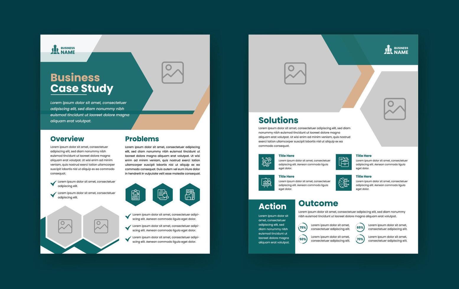 Cas étude disposition prospectus. minimaliste affaires rapport avec Facile conception. vert et beige Couleur accent. vecteur