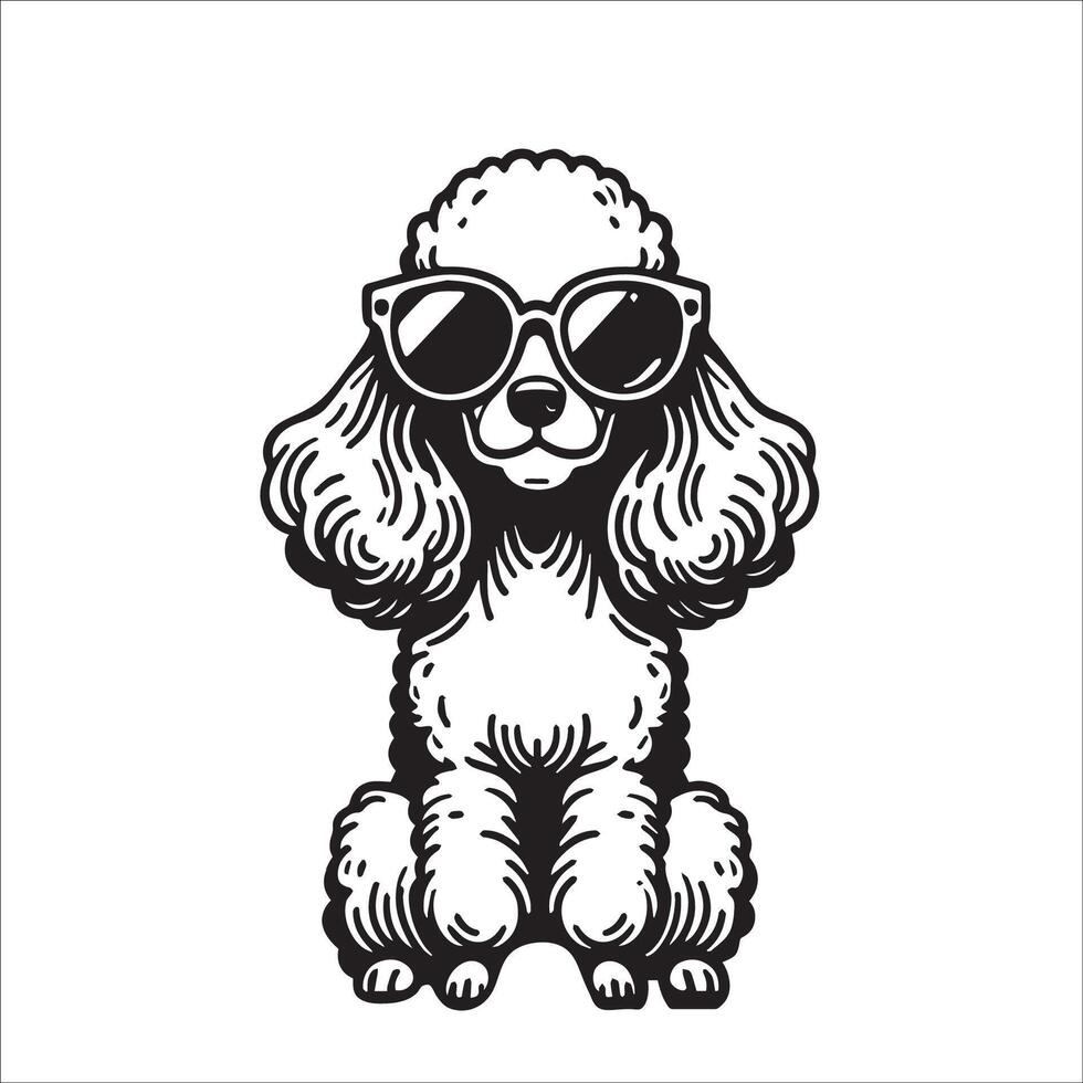 ai généré noir et blanc caniche chien portant des lunettes de soleil illustration vecteur