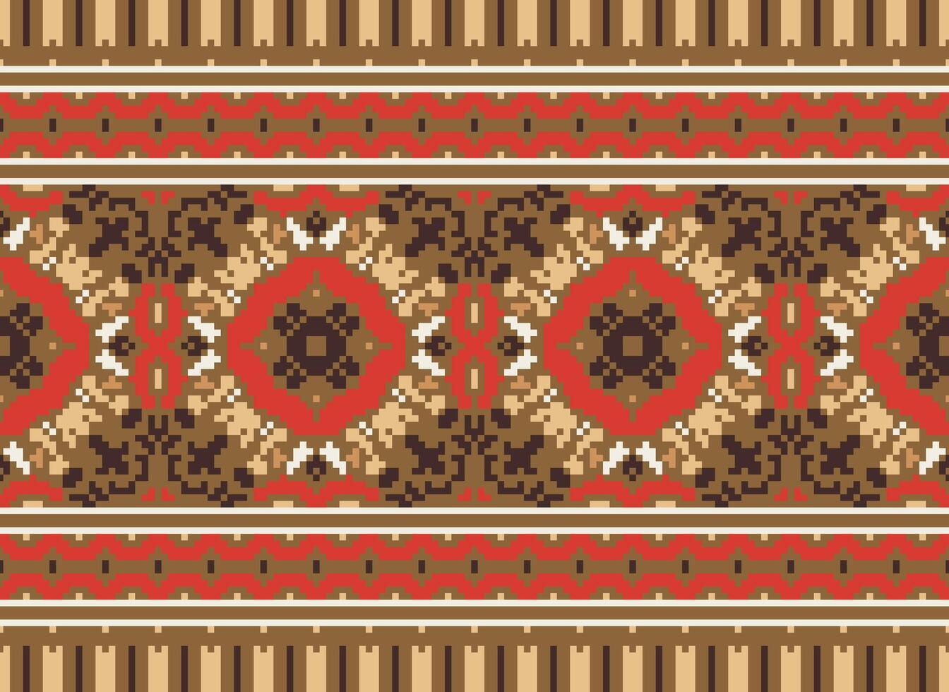 fleur broderie sur marron Contexte. ikat et traverser point géométrique sans couture modèle ethnique Oriental traditionnel. aztèque style illustration conception pour tapis, fond d'écran, vêtements, emballage, batik. vecteur