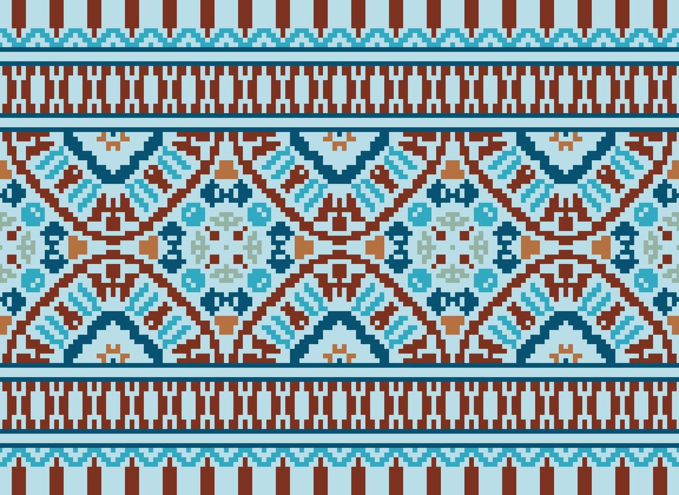 fleur broderie sur marron Contexte. ikat et traverser point géométrique sans couture modèle ethnique Oriental traditionnel. aztèque style illustration conception pour tapis, fond d'écran, vêtements, emballage, batik. vecteur