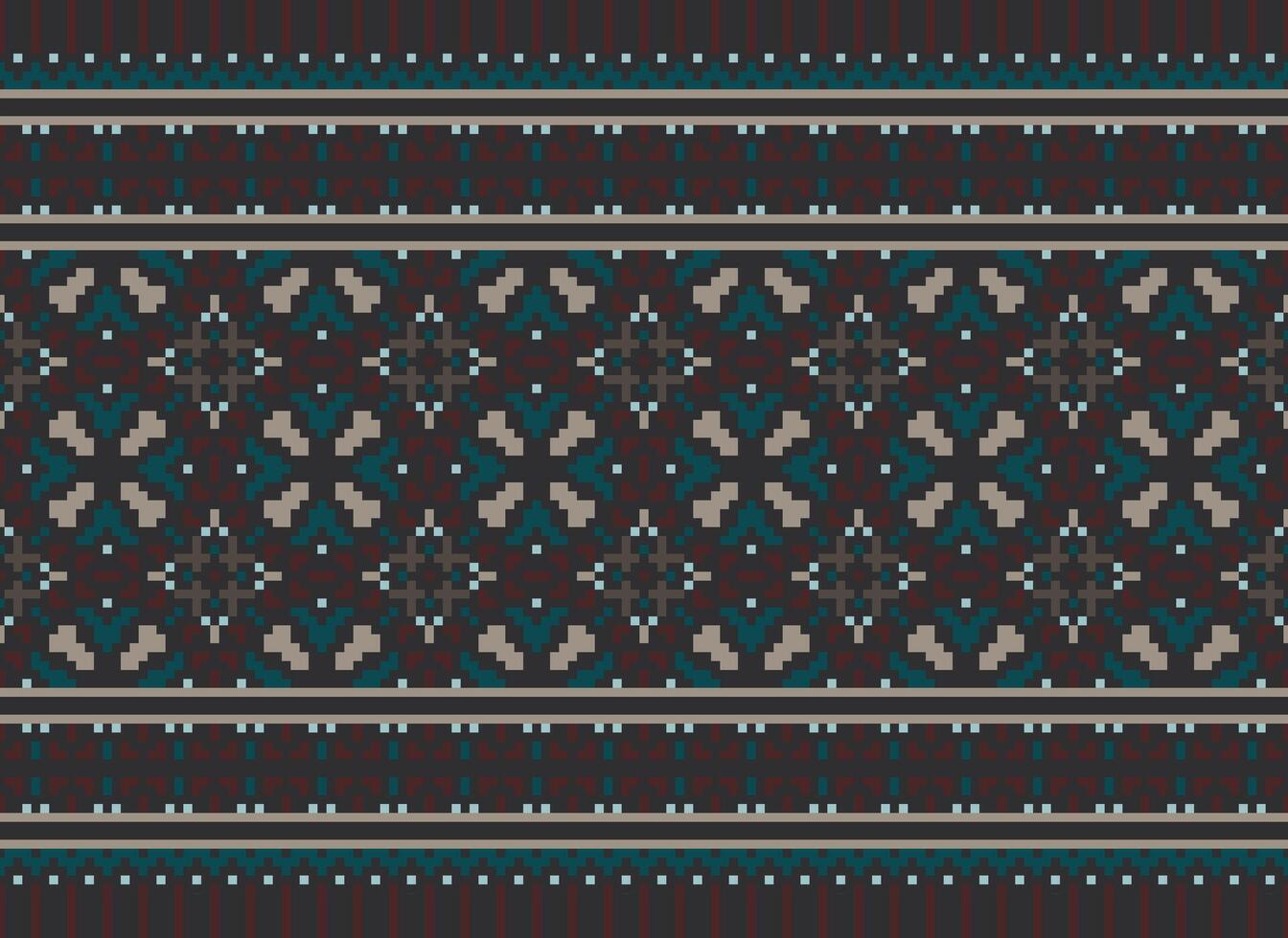 une floral pixel art modèle sur gris arrière-plan.géométrique ethnique Oriental broderie vecteur illustration. pixel style, abstrait arrière-plan, traverser point.design pour texture, tissu, chiffon, foulard, impression