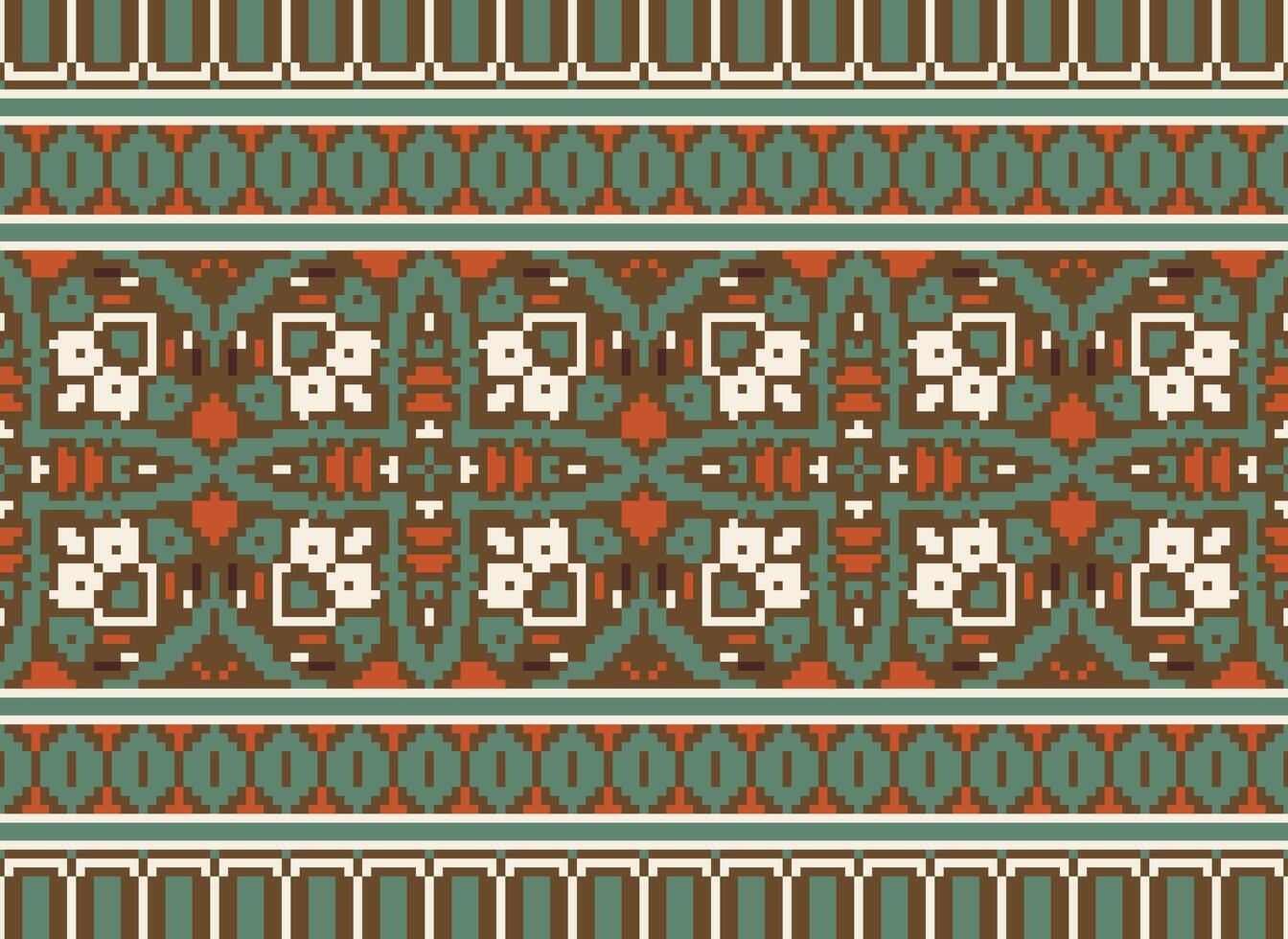 fleur broderie sur marron Contexte. ikat et traverser point géométrique sans couture modèle ethnique Oriental traditionnel. aztèque style illustration conception pour tapis, fond d'écran, vêtements, emballage, batik. vecteur