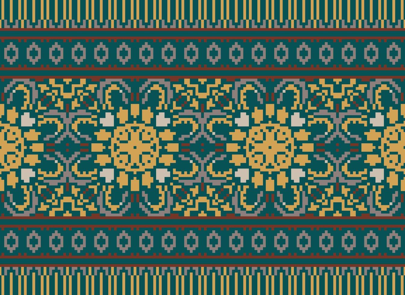 fleur broderie sur marron Contexte. ikat et traverser point géométrique sans couture modèle ethnique Oriental traditionnel. aztèque style illustration conception pour tapis, fond d'écran, vêtements, emballage, batik. vecteur