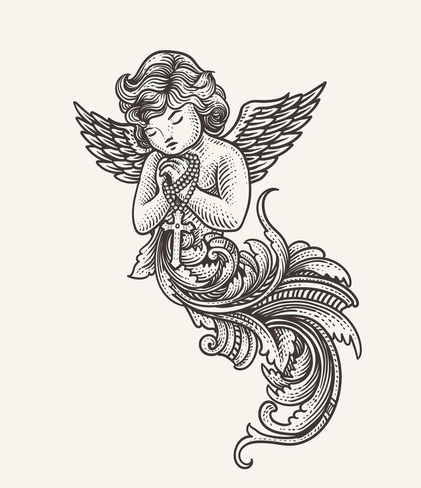 illustration de Cupidon ange avec gravure ornement, vecteur main dessiné.