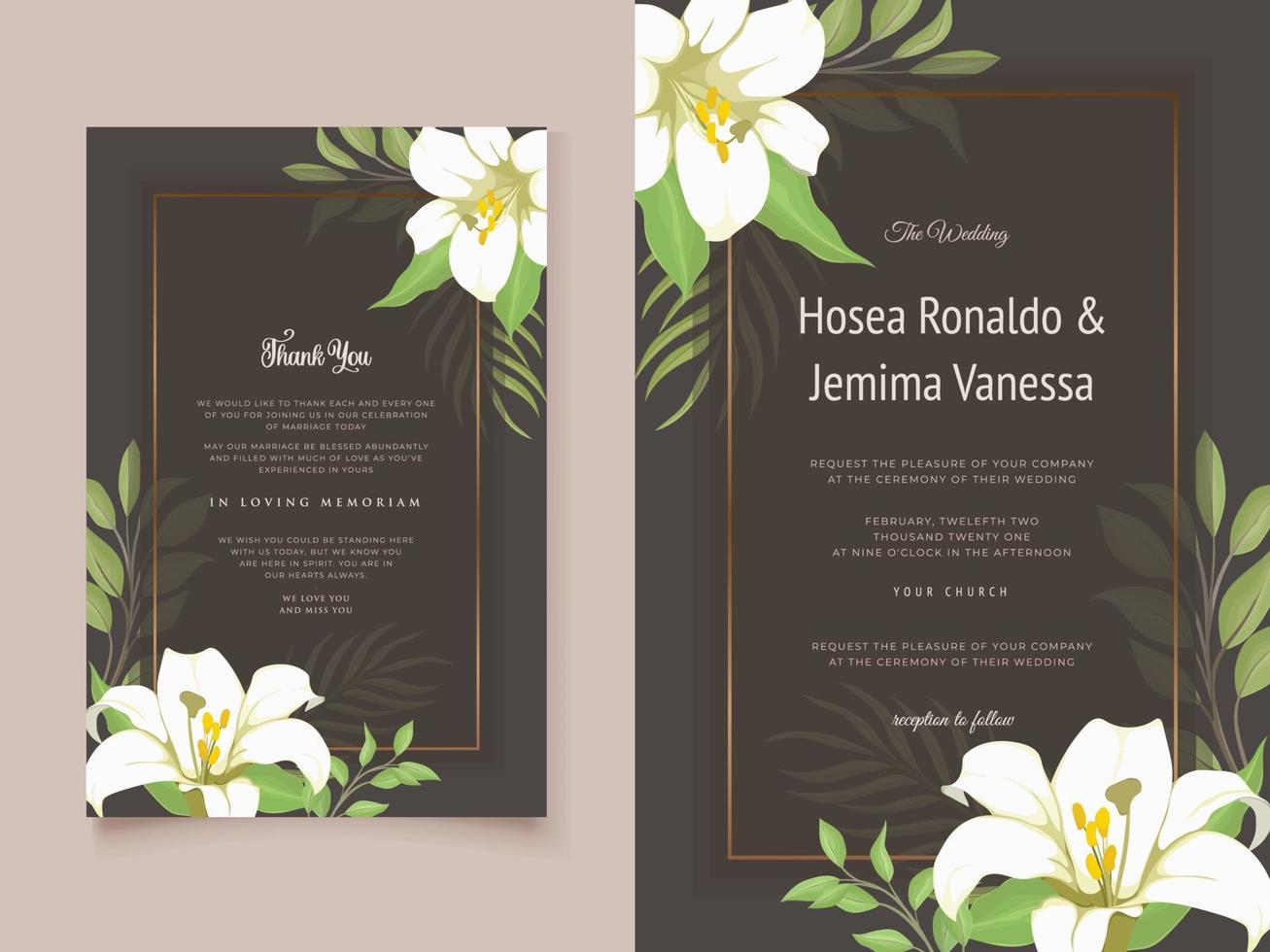 belle conception de carte d'invitation de mariage avec fleur de lys et feuilles vecteur