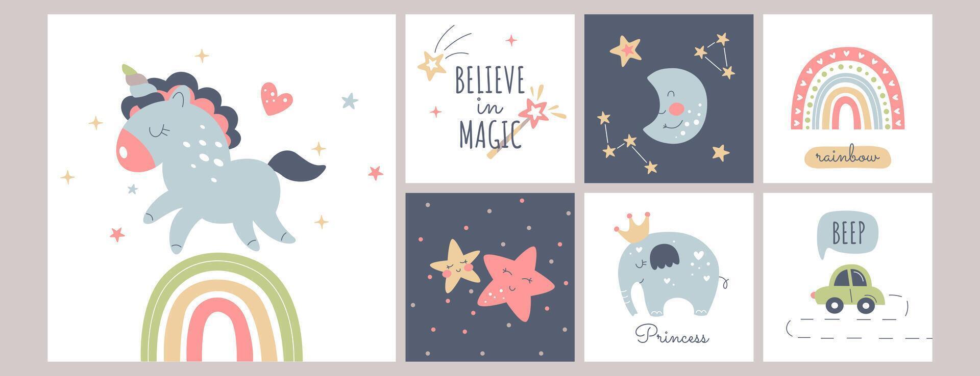 mignonne boho bébé affiches dans scandinave style. bohémien garderie cartes avec Licorne, arc-en-ciel, étoiles, lune, voiture et l'éléphant animal. vecteur impression décor pour des gamins chambre à coucher. nouveau née mur art sommeil collection