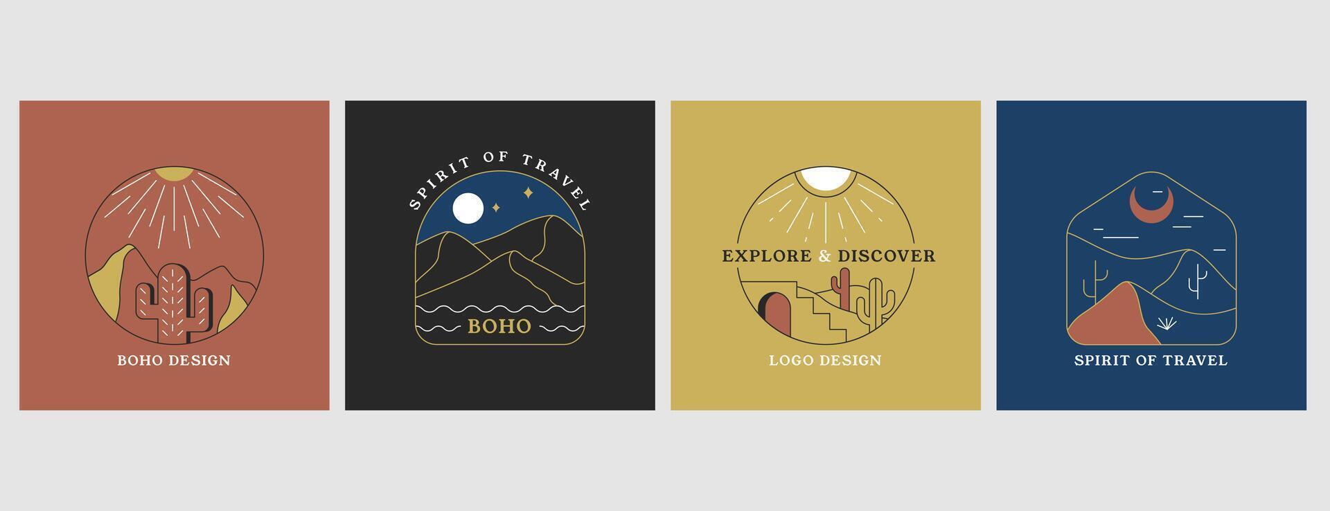 vecteur minimal linéaire boho emblèmes avec cactus, sablonneux désert, montagnes, Soleil et lune. Voyage logo avec Montagne paysages, coup de soleil, escalier. moderne vacances badges pour vacances dans bohémien style