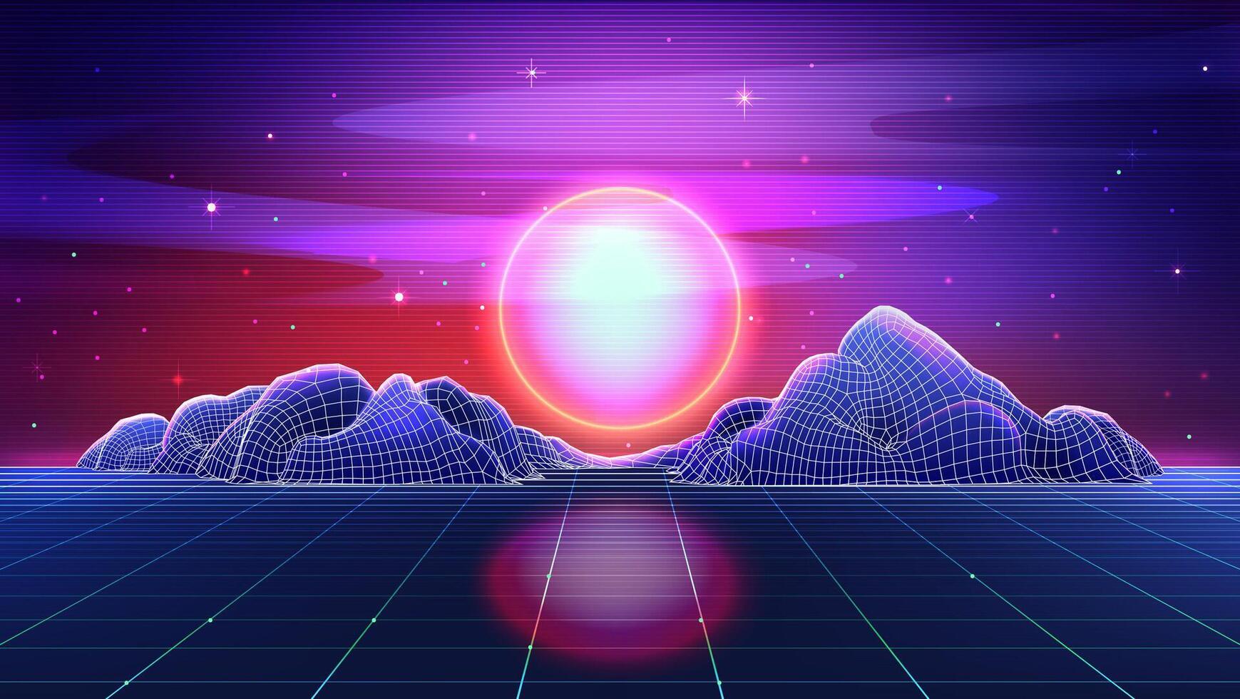 rétro futuriste paysage avec néon coucher de soleil, étoile ciel, montagnes sur filaire Contexte. vecteur illustration de Années 80 sci Fi matrice paysage avec laser la grille la perspective dans vaporwave ou synthwave style