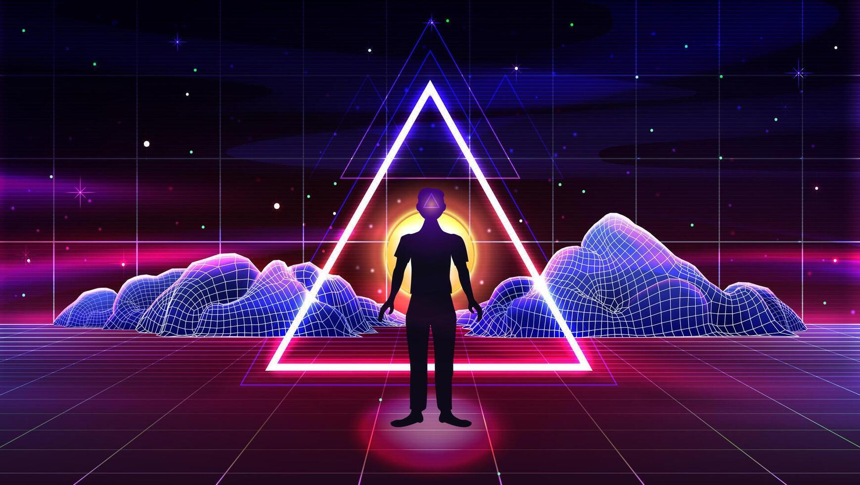 rétro futuriste Contexte pour Jeu avec néon Triangle, homme, soleil, montagnes, ciel avec étoiles, laser 3d la grille La technologie paysage filaire. la musique couverture illustration dans vaporwave ou Années 80 synthwave style vecteur