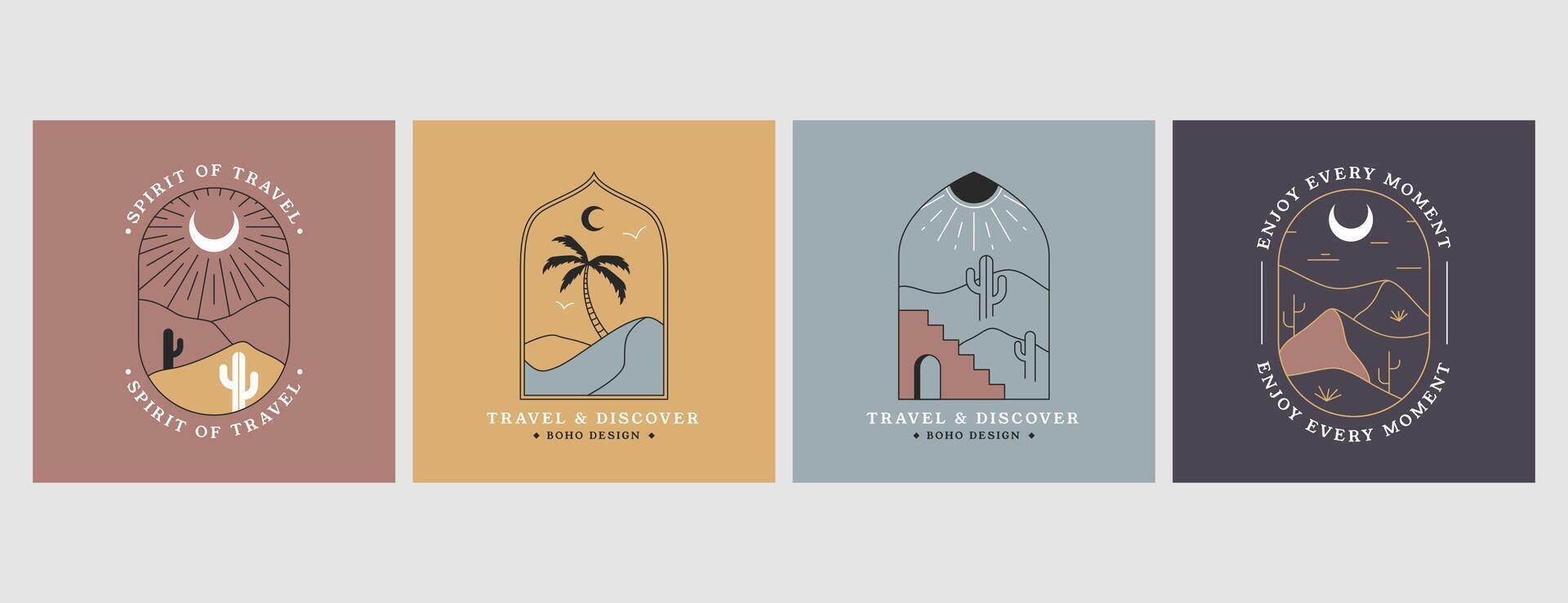 vecteur linéaire boho emblèmes avec abstrait paysage. Voyage logos avec cactus, sablonneux désert, montagnes, oasis, rivière, mer plage avec paume arbre, Soleil dans bohémien style. moderne randonnée ou camping badges