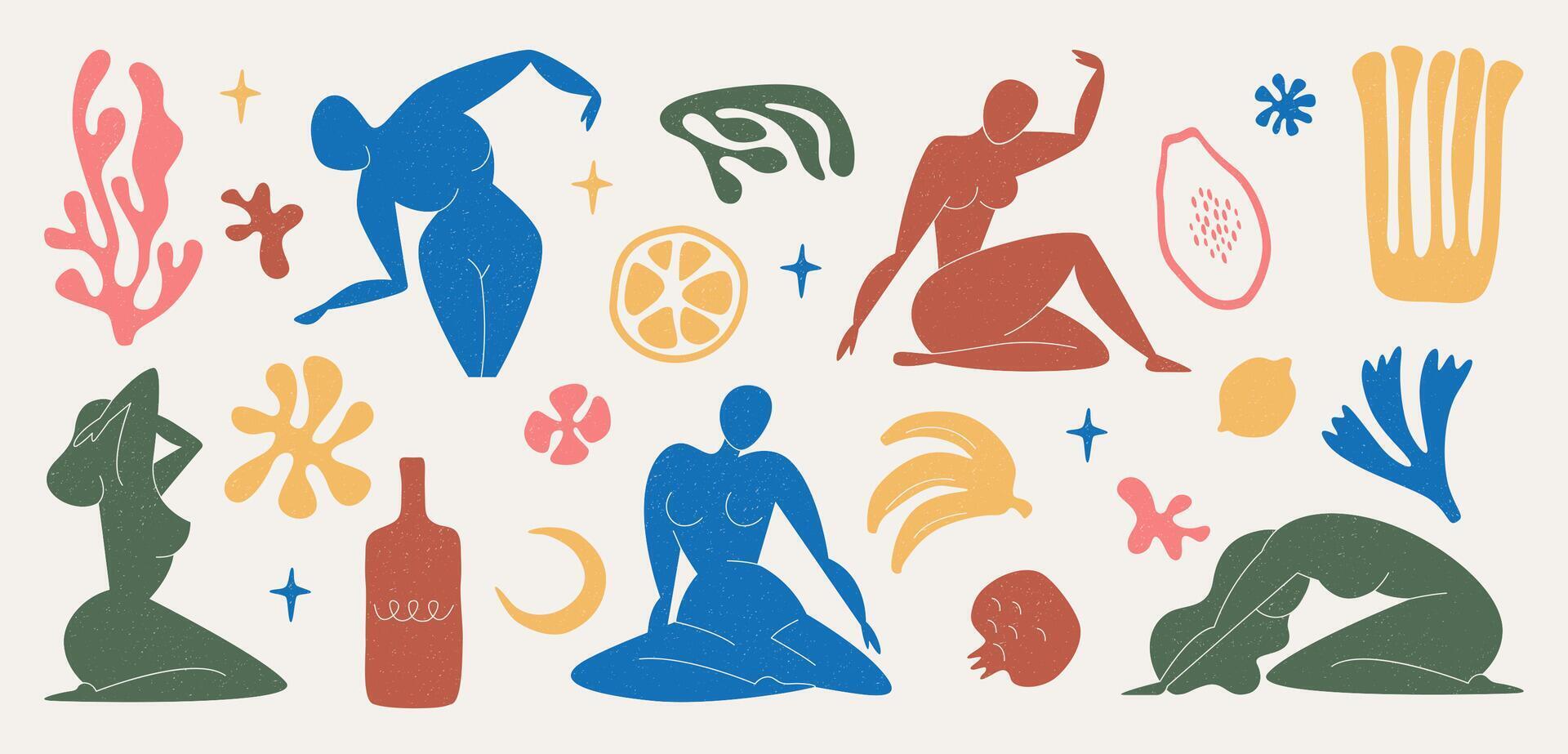 matisse inspiré mur art avec femelle figure et biologique formes ou les plantes. femme corps et botanique éléments, feuille, algues, vase, corail et exotique des fruits abstrait la nature symboles sur blanc Contexte vecteur