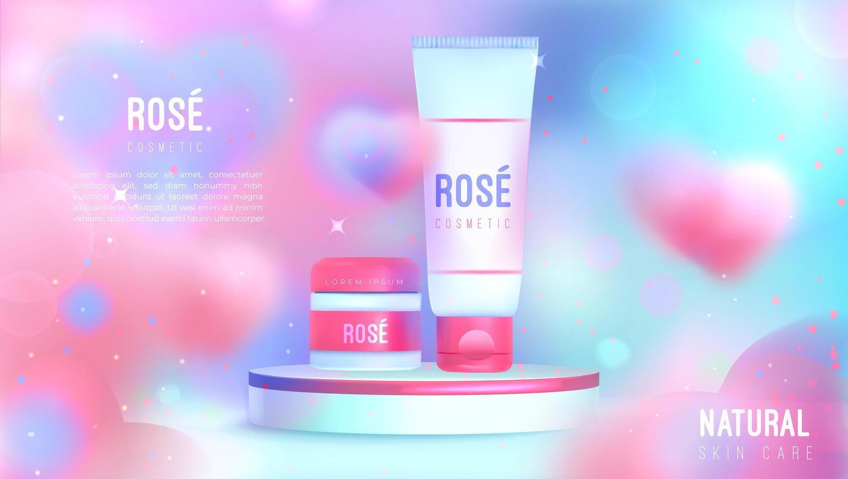 réaliste Rose cosmétique tubes sur rond podium sur rose Contexte avec cœurs, scintille. cosmétique des produits promotion publicité. maquette de Vide paquet pour se maquiller, soin de la peau ou corps beauté sur Plate-forme vecteur