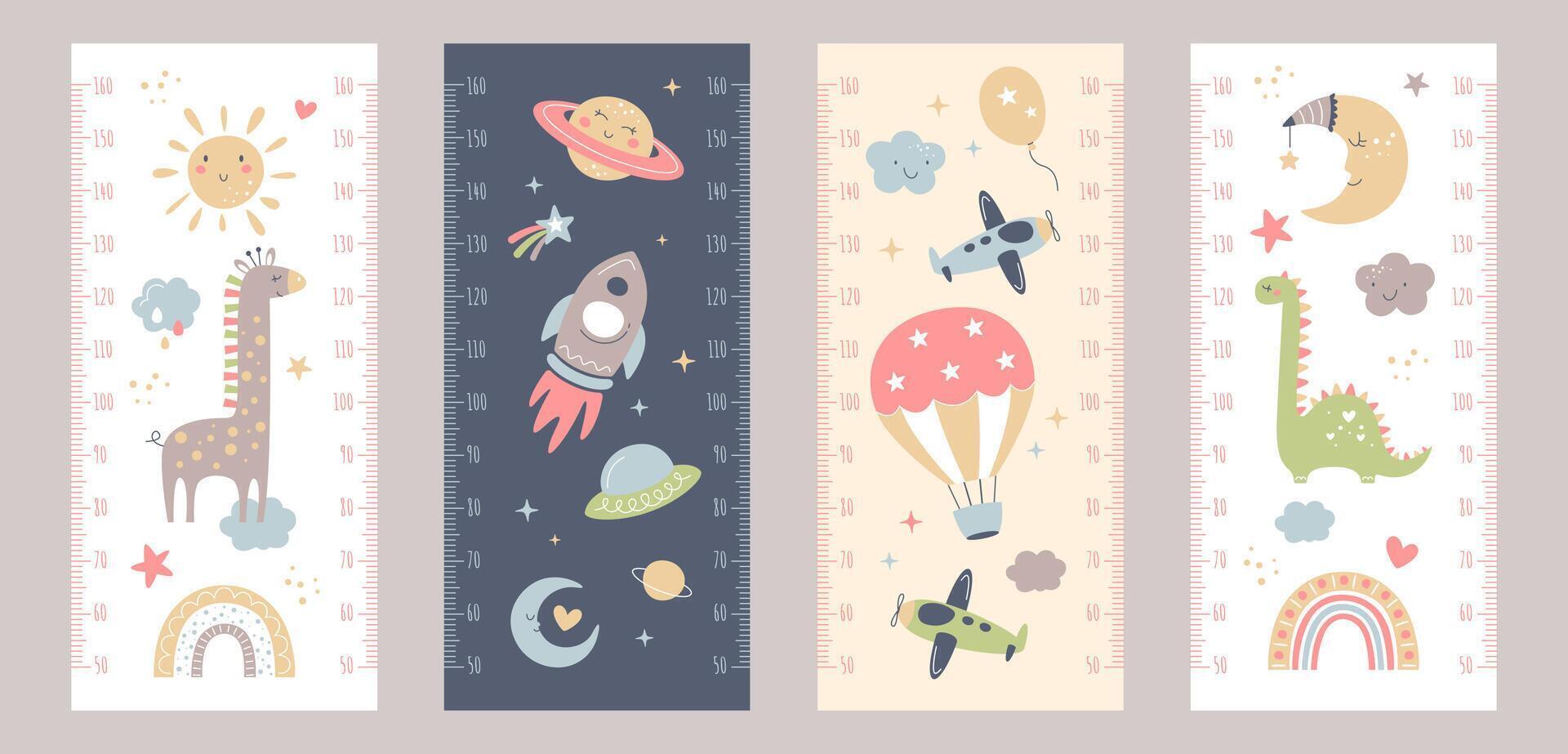 bébé la taille croissance graphique avec mignonne animaux, arc-en-ciel, nuage, soleil, lune, ballon, fusée et galaxie espace dans boho dessin animé style. puéril mètre mur, des gamins mesure règle pour garderie vecteur illustration