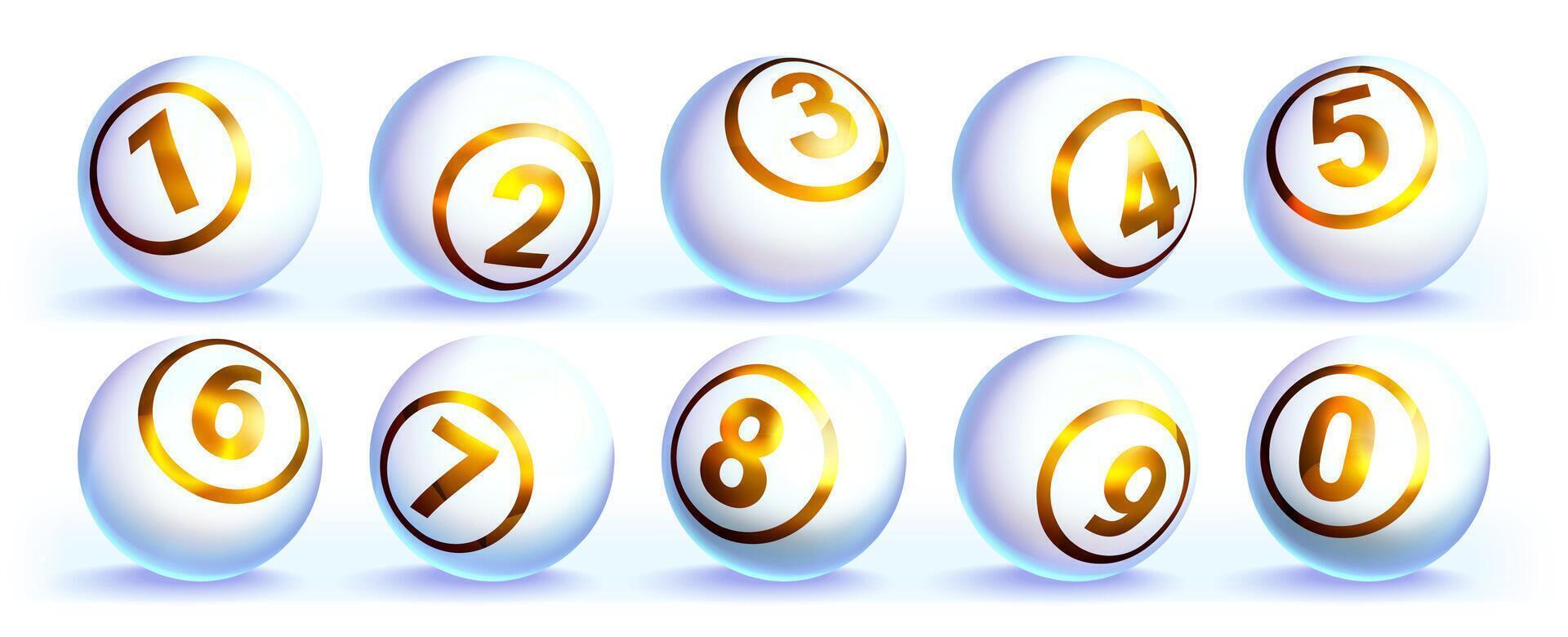 loto blanc des balles avec d'or Nombres vecteur réaliste illustration. loterie jeux d'argent brillant sphères. billard, loisir sport Jeu ou billard bingo Balle isolé sur blanc Contexte