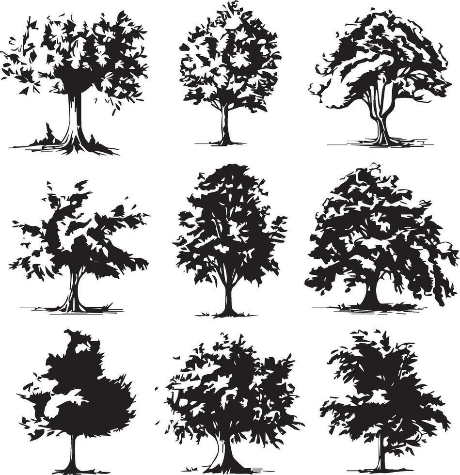 gros ensemble de main tiré arbre croquis sur blanc Contexte vecteur