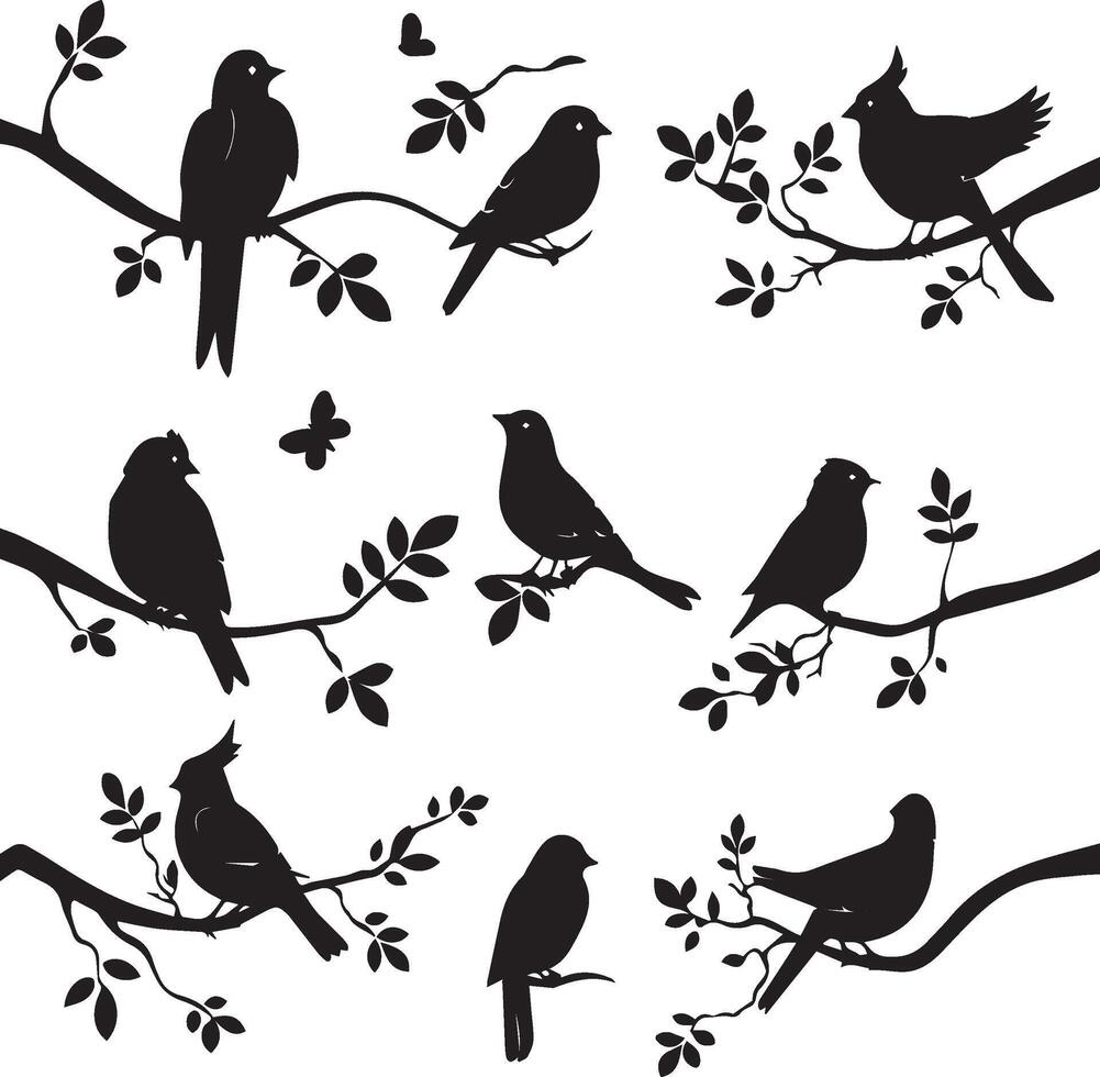 ensemble de oiseau sur une arbre branche noir silhouette vecteur