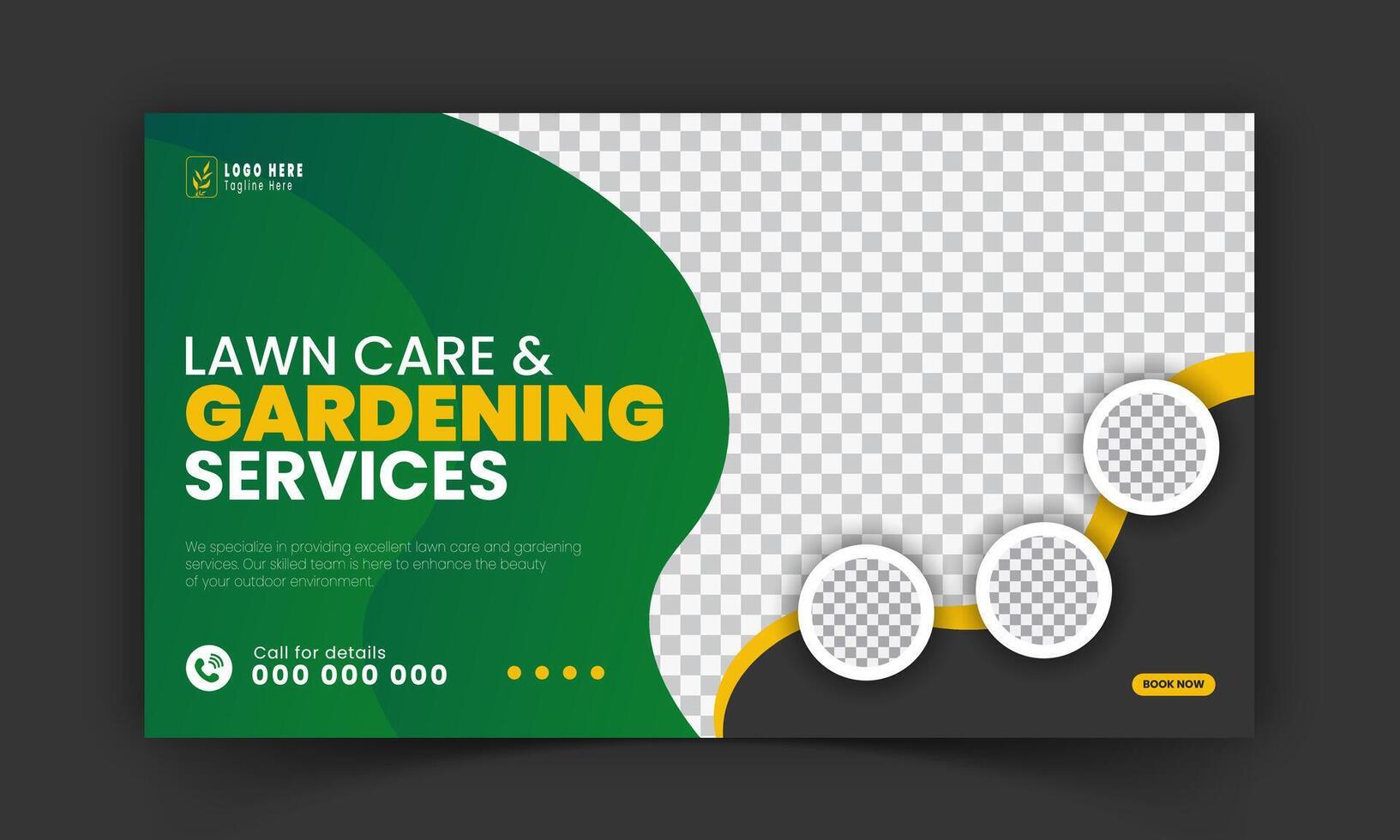 entreprise pelouse se soucier et jardinage ou aménagement paysager prestations de service vivre courant vidéo la vignette conception, pelouse tondeuse, jardinage, promotion, social médias poste, couverture modèle, abstrait vert, Jaune Couleur formes vecteur