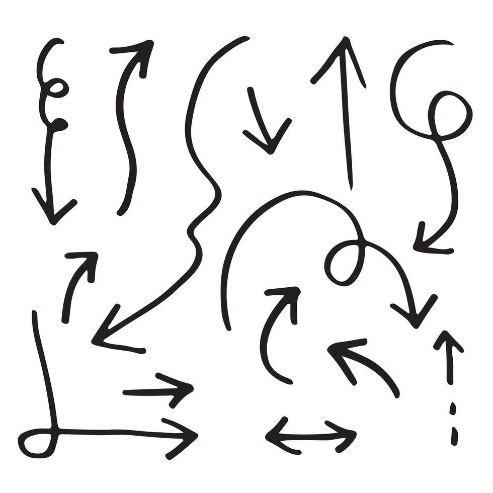 éléments de conception de griffonnage. flèches dessinées à la main isolées sur fond blanc. illustration vectorielle. vecteur