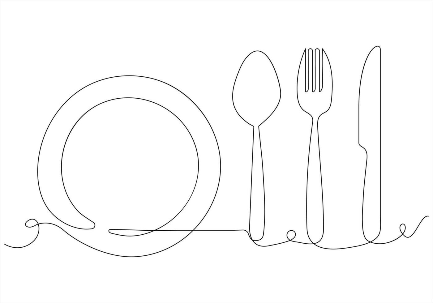 continu un ligne dessin de fourchette couteau cuillère et assiette en dehors ligne vecteur art illustration