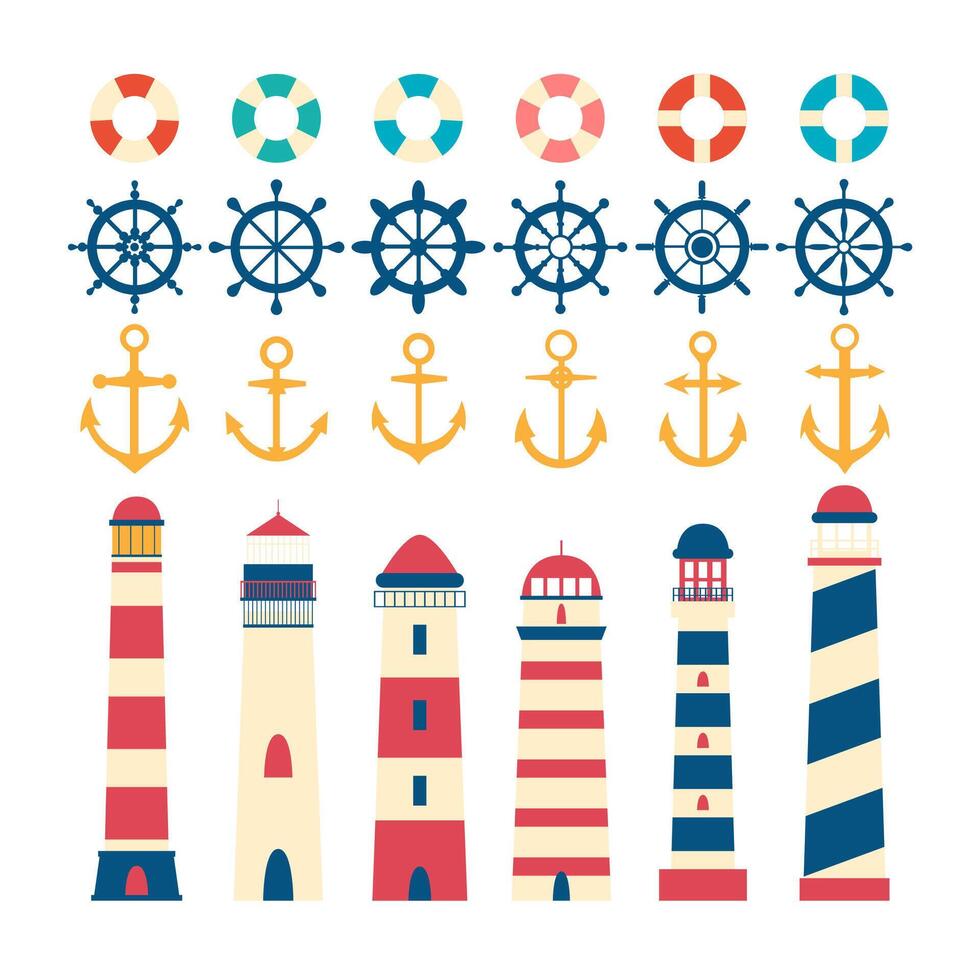 nautique ensemble. pilotage roue, phare, ancre et bouée de sauvetage. nautique éléments dans plat style vecteur