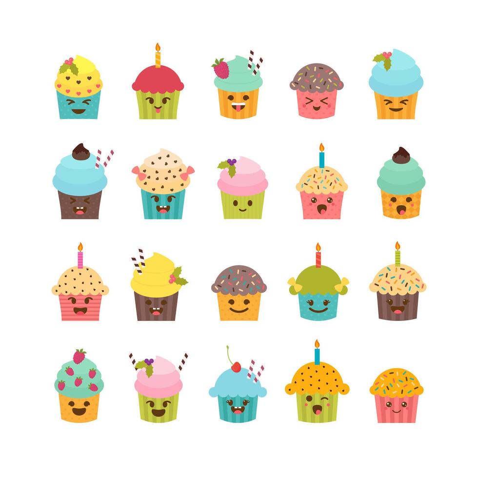 ensemble de petits gâteaux et muffins. mignonne dessin animé personnages, émoji. anniversaire Icônes de desserts. kawaii petits gâteaux ensemble vecteur