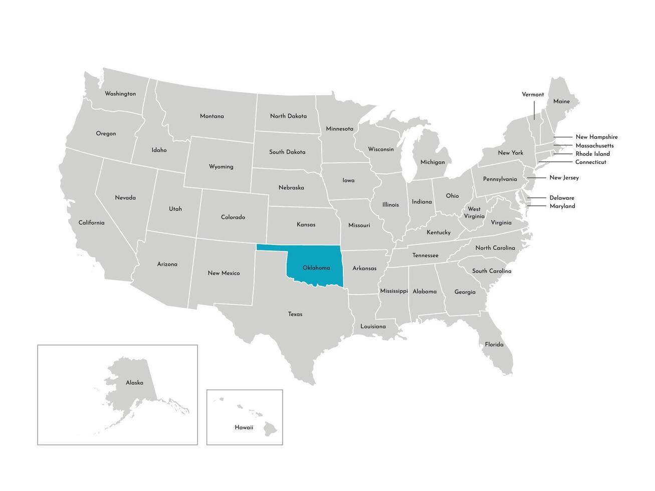 vecteur isolé illustration de simplifié administratif carte de le Etats-Unis. les frontières de le États avec des noms. bleu silhouette de Oklahoma, État.