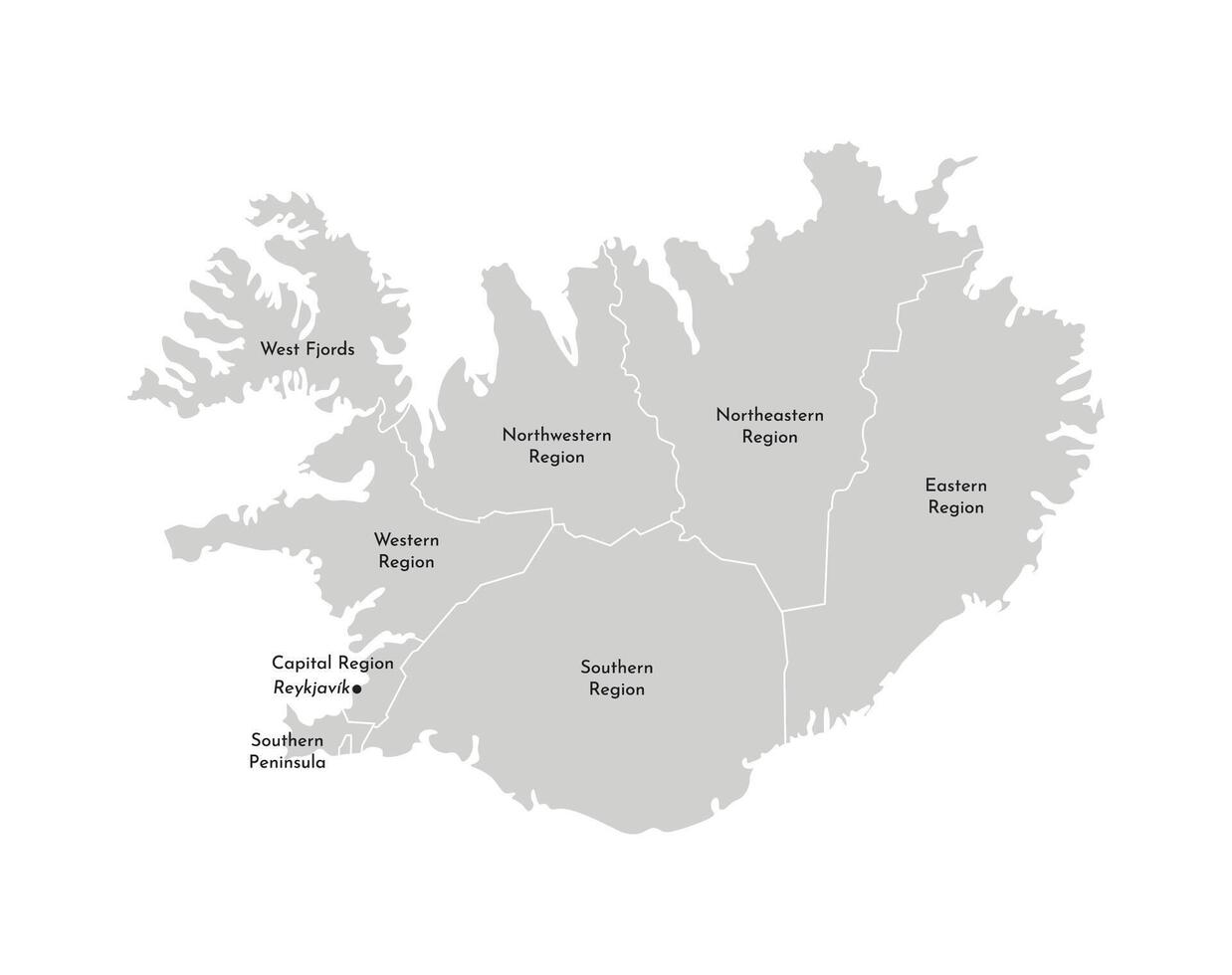 vecteur isolé illustration de simplifié administratif carte de Islande. les frontières et des noms de le provinces, Régions. gris silhouettes. blanc contour