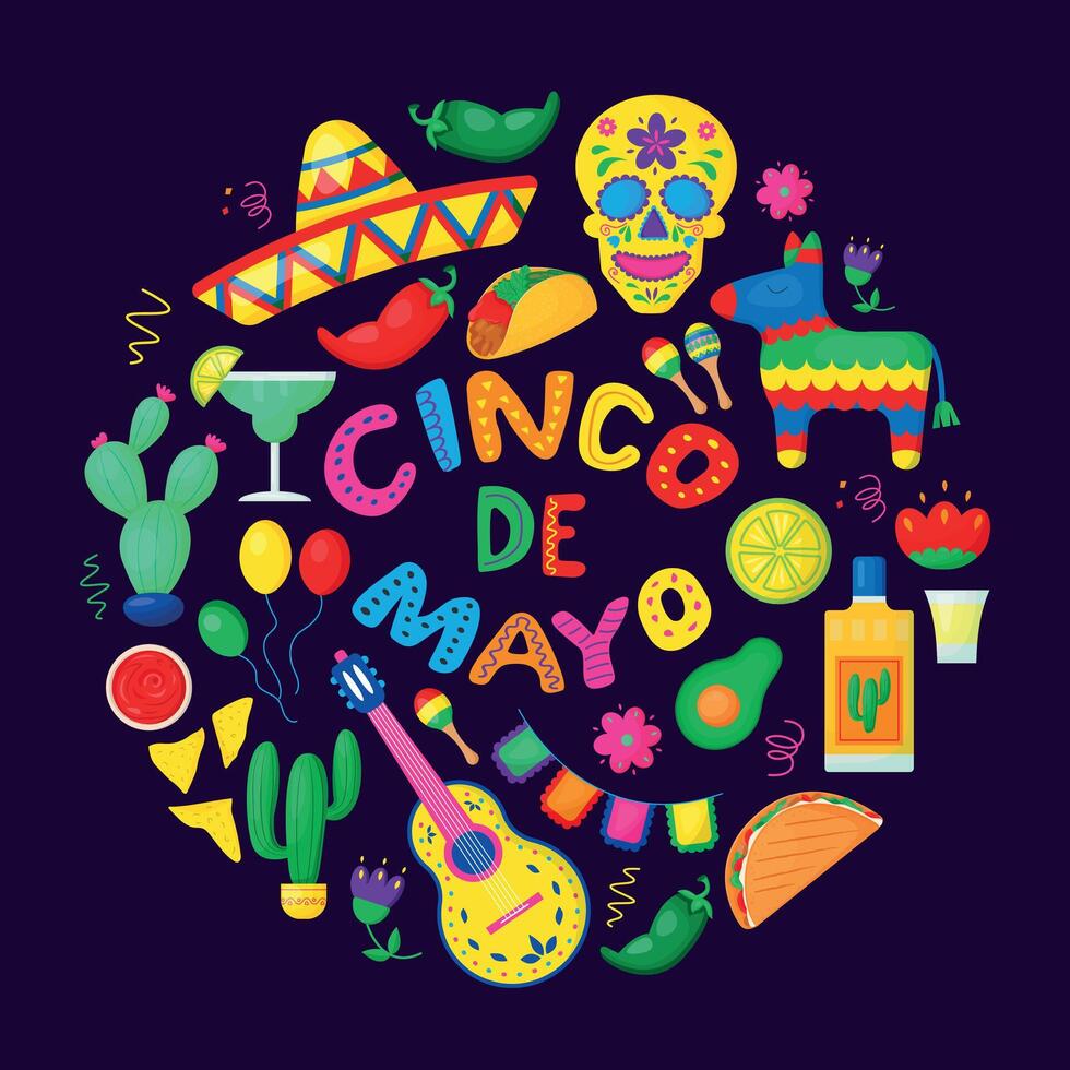 cinco de mayo Police de caractère entouré par mexicain art motifs dans cercle vecteur