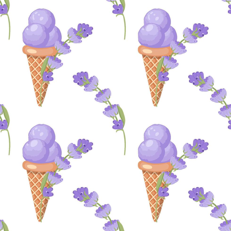 lavande la glace crème. Trois boules de crémeux sucré dessert dans une gaufre cône. violet sorbet. sans couture modèle. vecteur illustration.