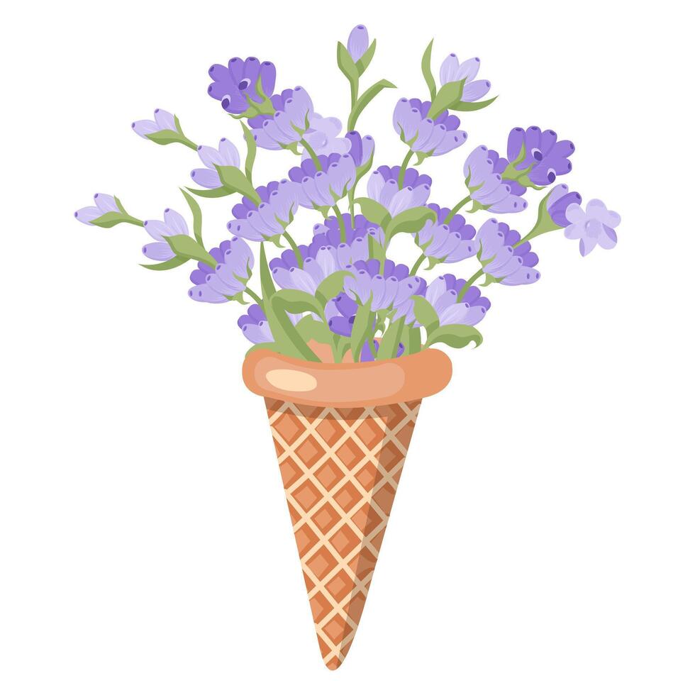 lavande fleurs dans un la glace crème cône. vecteur illustration isolé sur blanc Contexte.