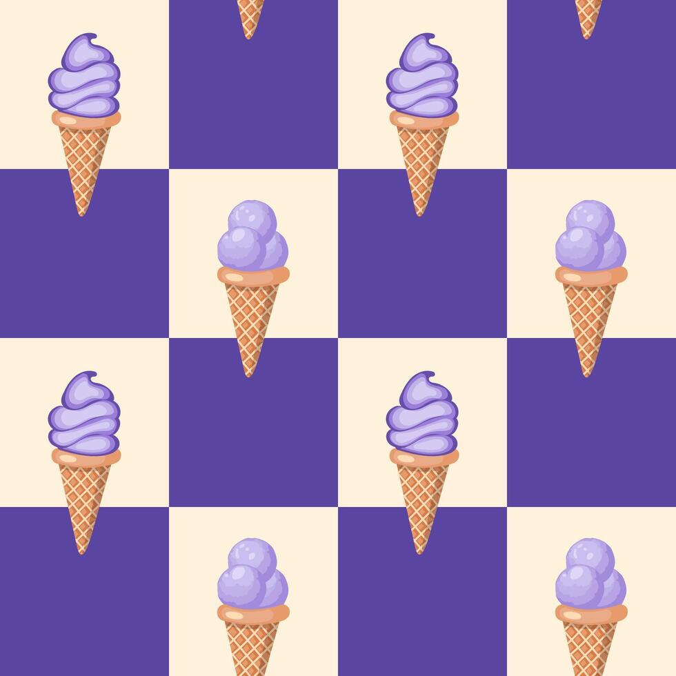 lavande la glace crème. Trois boules de crémeux sucré dessert dans une gaufre cône. violet sorbet. sans couture modèle. vecteur illustration.