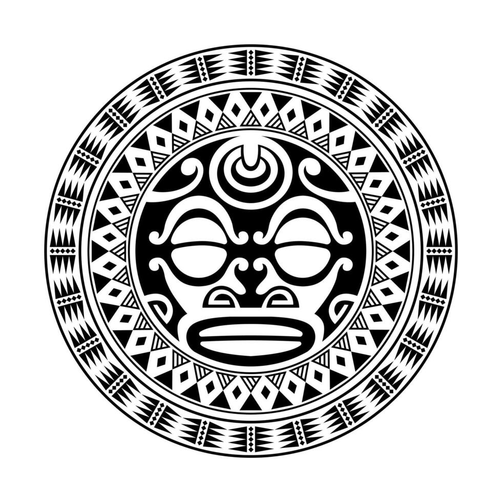 ornement de tatouage rond avec style maori de visage de soleil. masque ethnique africain, aztèque ou maya. vecteur