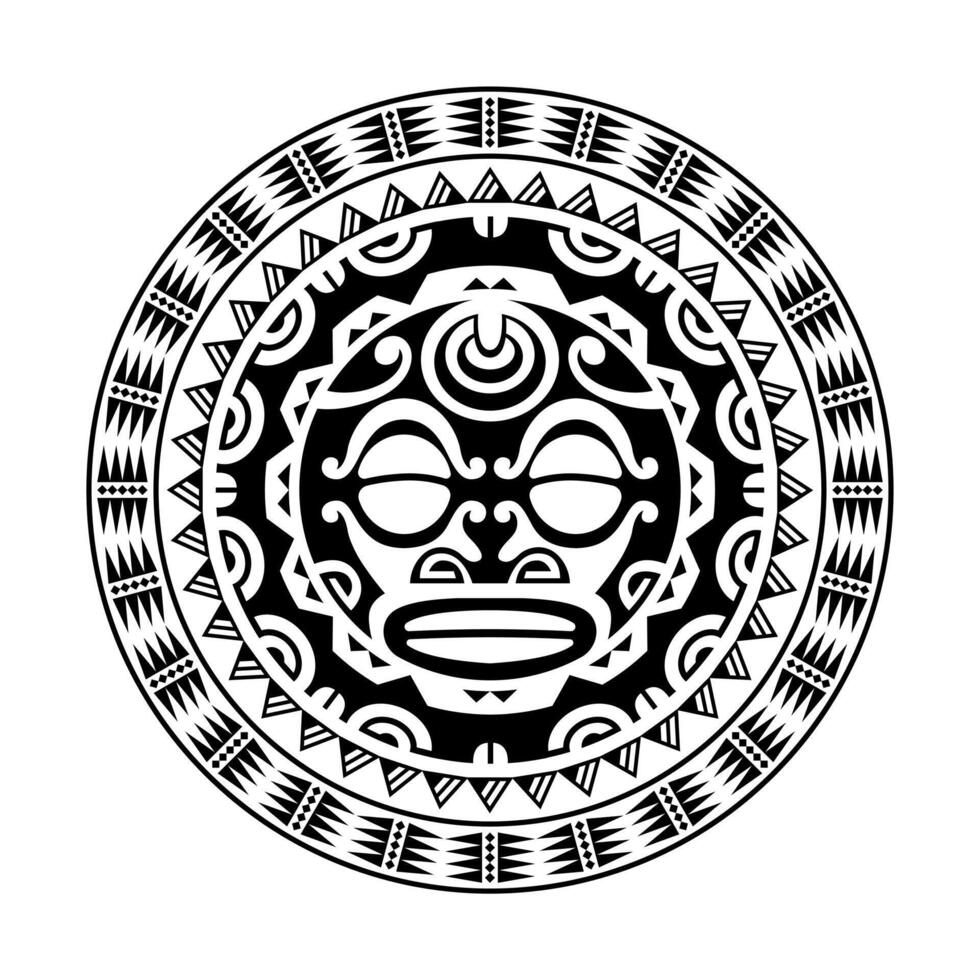 ornement de tatouage rond avec style maori de visage de soleil. masque ethnique africain, aztèque ou maya. vecteur