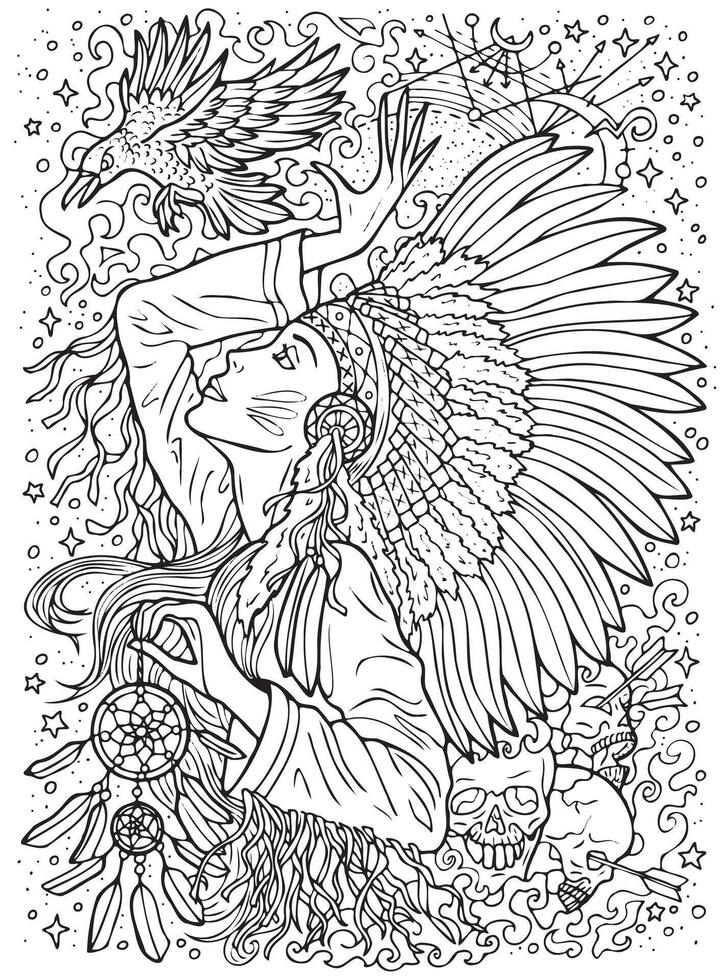 fantaisie gravé illustration avec magnifique américain Indien femme comme sorcière ou magicien pour coloration page. main tiré graphique ligne art avec ethnique concept comme tatouage, affiche ou carte. vecteur