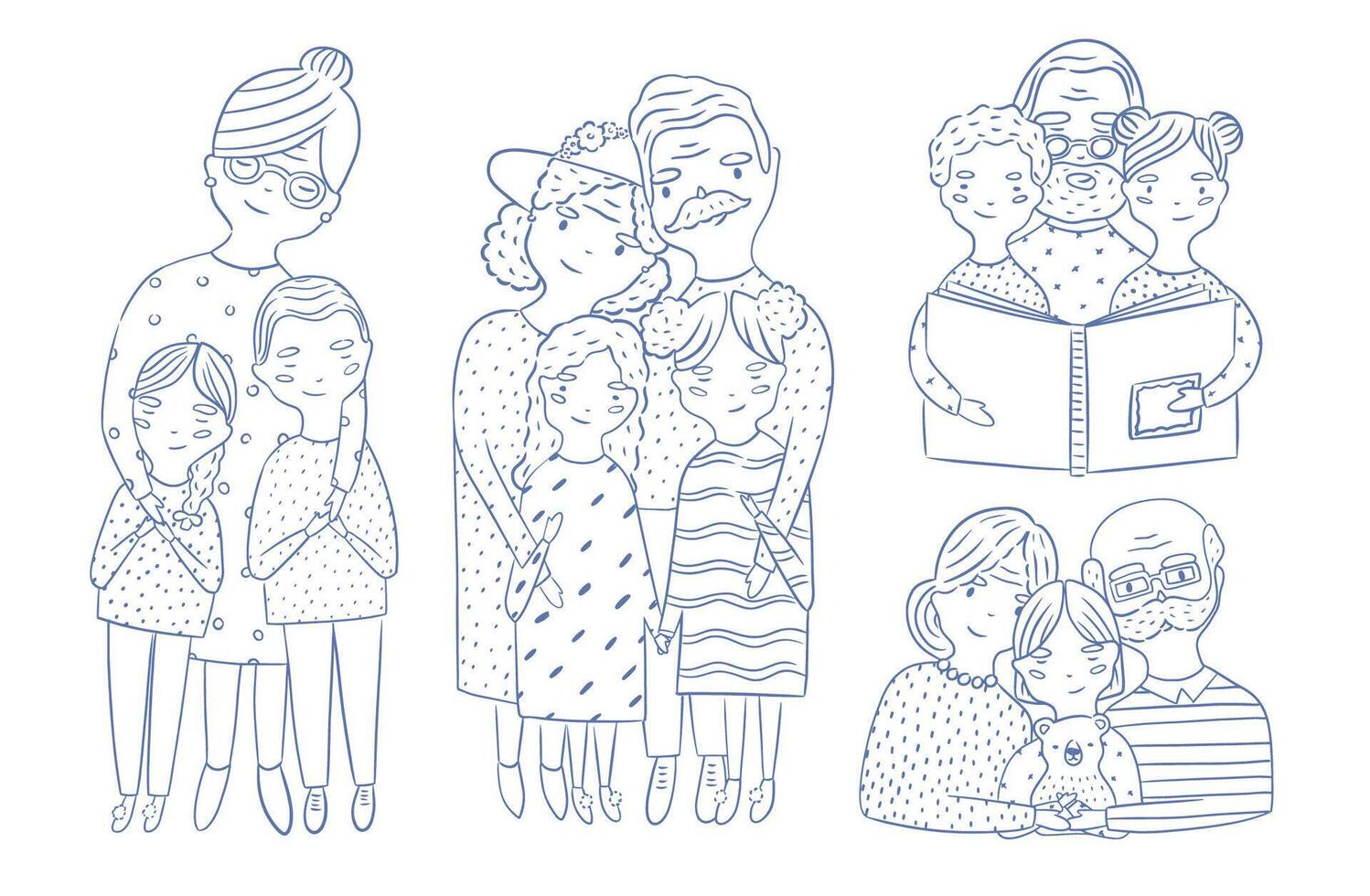 magnifique plein corps et à la taille portraits de grands-parents avec petite fille et petit fils main tiré avec contour lignes. aimant grand-mère et grand-père avec petits enfants. dessin animé personnages. vecteur