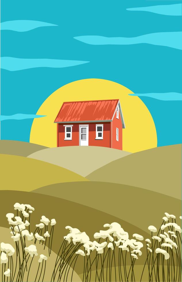 illustration de une rouge peint maison sur une colline avec pissenlits et le ciel est bleu vecteur
