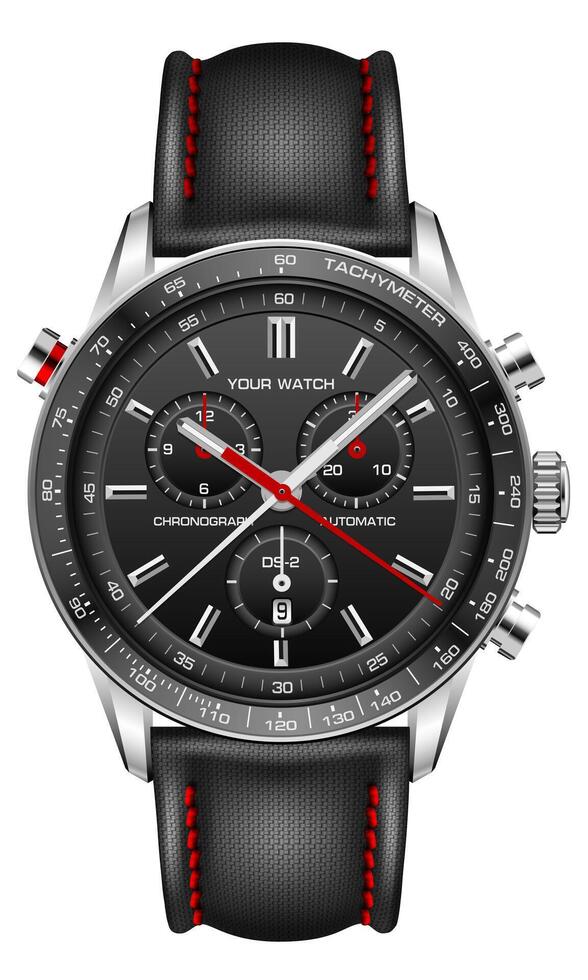 réaliste regarder l'horloge noir visage argent rouge La Flèche blanc nombre avec en tissu sangle sur isolé conception classique luxe mode pour Hommes vecteur