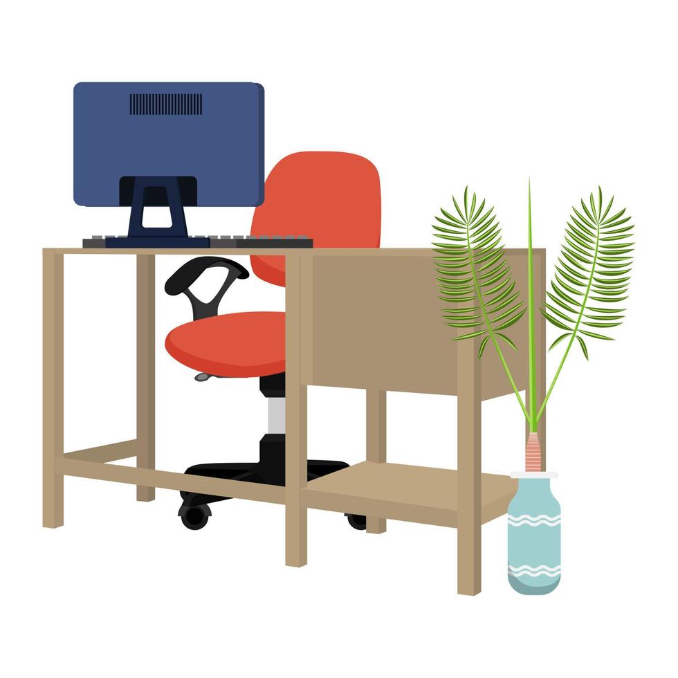 bureau moderne pour indépendant de bureau à domicile moderne avec chaise de table et tiroir avec ordinateur pc et avec plantes d'intérieur vecteur