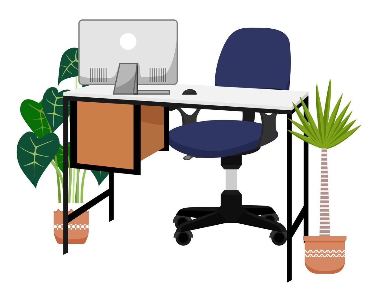 bureau vide moderne pour pigiste de bureau à domicile avec table de chaise et avec ordinateur pc et avec plantes d'intérieur vue 3d isolée vecteur