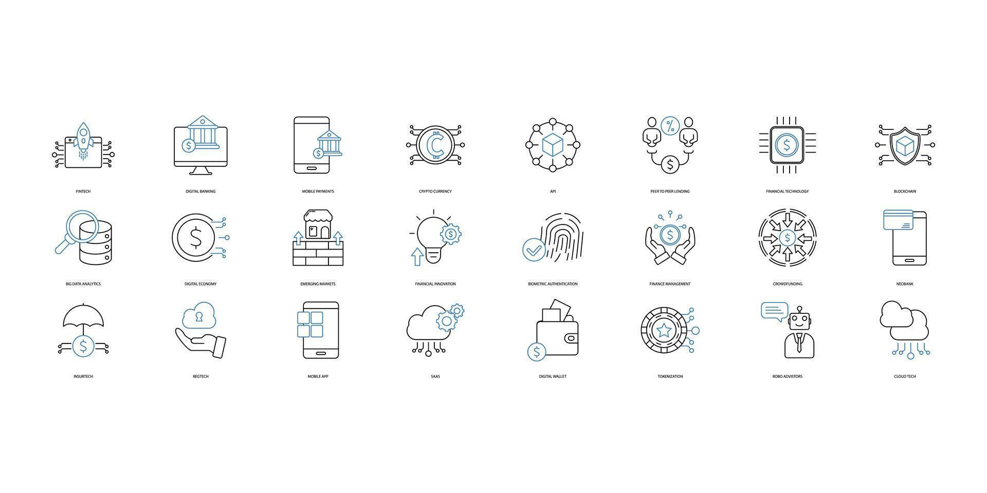 fintech Icônes ensemble. ensemble de modifiable accident vasculaire cérébral icônes.vecteur ensemble de fintech vecteur