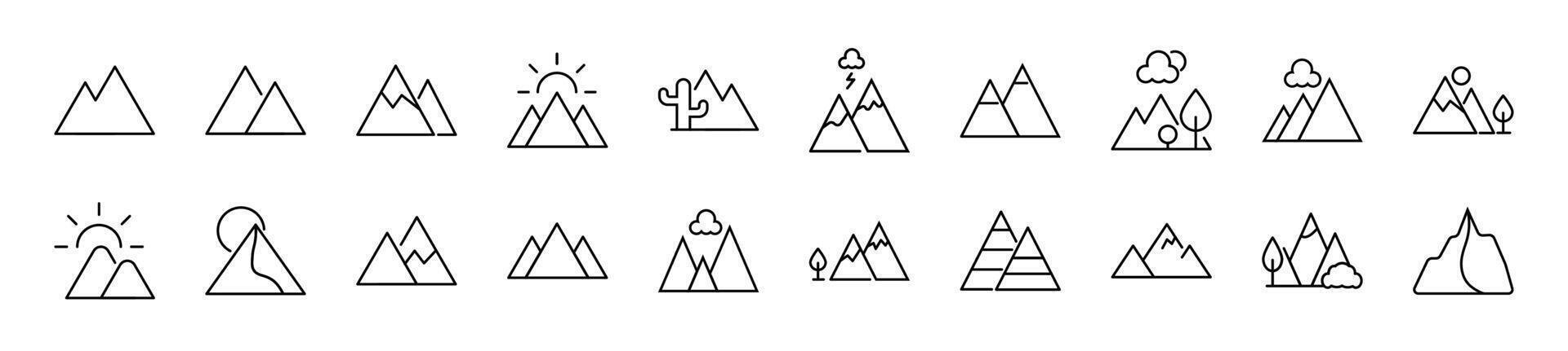 Montagne ligne Icônes collection. modifiable accident vasculaire cérébral. Facile linéaire illustration pour la toile des sites, journaux, des articles livre vecteur