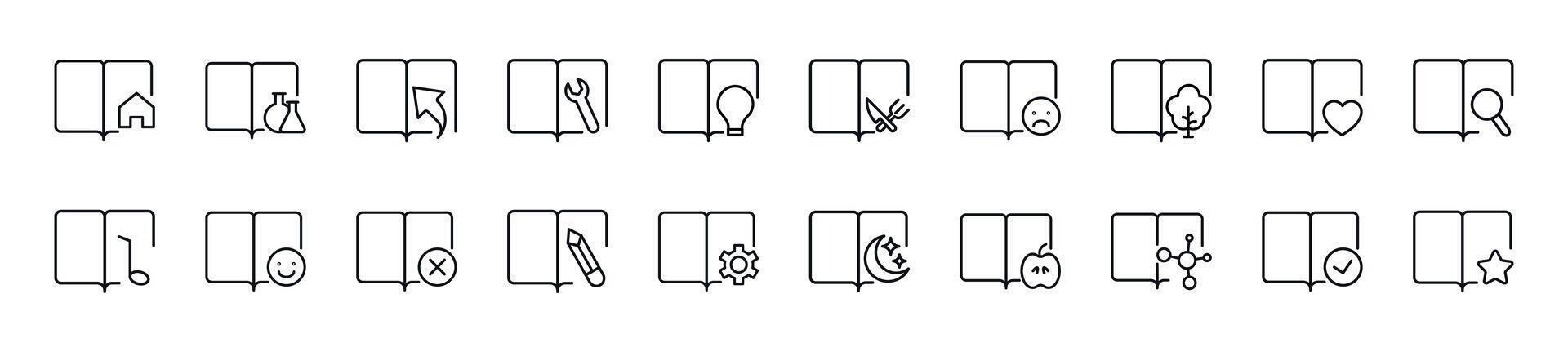 ensemble de ligne Icônes de livres avec divers articles. modifiable accident vasculaire cérébral. Facile contour signe pour la toile des sites, journaux, des articles livre vecteur
