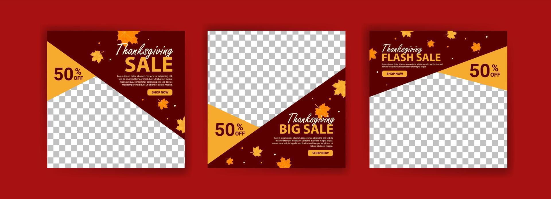 modèle de publication sur les réseaux sociaux pour la vente du jour de Thanksgiving. modèle de bannière web de vente de Thanksgiving Day. offre de promotion de remerciement vecteur